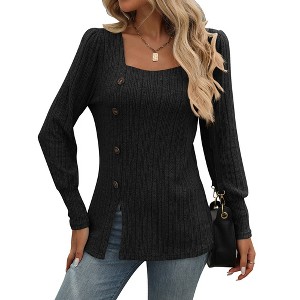 Womens 2025 Dressy Sweaters Tops Casual Fall Square Neck Button Down Side Split Tunics - 1 of 4