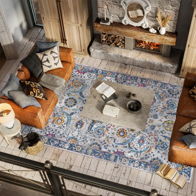 Izil Light Gray and Blue Synthetic Persian Area Rug, 8' x 10'