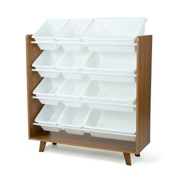 MallBest 4-Tier Kids' Toy Storage Organizer Shelf - 100% Solid  Wood,Children's Storage Cabinet with 9 Plastic Bins and 3 Storage Ports  (Varnish)