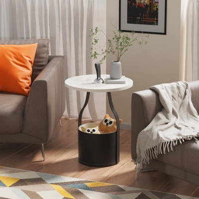 ATJafurn Round White Tray Top End Table Side Table with Storage, No Assembly Required