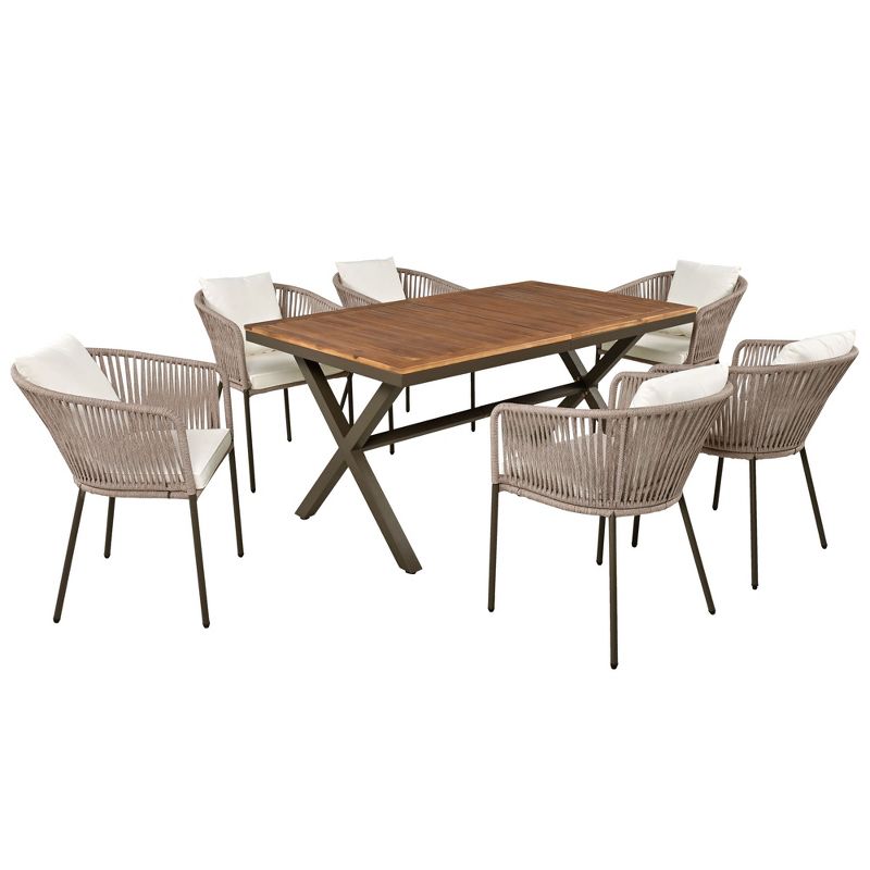 7-Piece Patio Dining Set, All-Weather Outdoor Furniture Set with Dining Table and Chairs, Acacia Wood Tabletop+Metal Frame 4A - ModernLuxe, 4 of 13