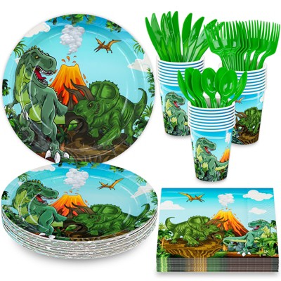 DYLIVeS Dinosaur Party Supplies, Dinosaur Themed Birthday Party Decorations Disposable Tableware Set, Dinosaur Plates and Napkins, Cups, Cutlery