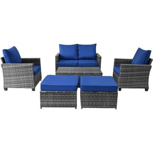 6-Piece Rattan Patio Set with Storage Box, All-Weather Outdoor Conversation Furniture, Modular Sofa with Thick Blue Cushions for Patio & Garden - 1 of 4