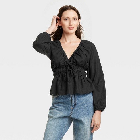 tie front blouse black