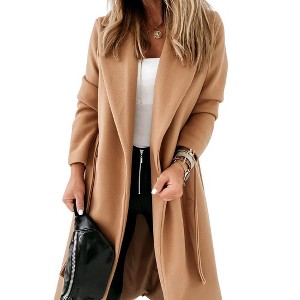 Imily Bela Womens Belted Classic Lapel Collar Open Front Long Coat Jacket - 1 of 4