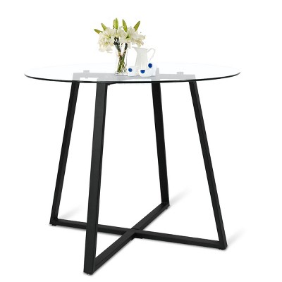 36'' Hana Glass Top Modern Round Dining Table Pedestal Black Leg-Maison Boucle