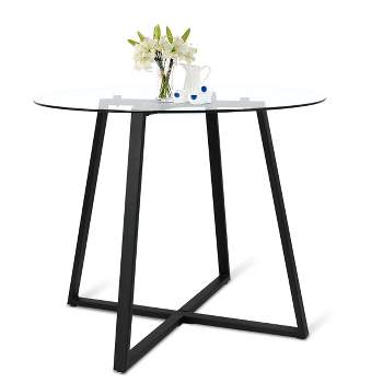 36'' Hana Glass Top Modern Round Dining Table Pedestal Black Leg-The Pop Maison