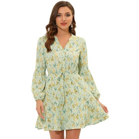 Allegra K Women's Floral Chiffon Dress - Ruffle Neck, Puff Sleeves, Button Front (Fit & Flare)