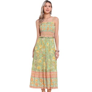 INSPIRE CHIC Women's Summer Spaghetti Strap A-Line Flowy Smocked Midi Boho Floral Sundresses - 1 of 4