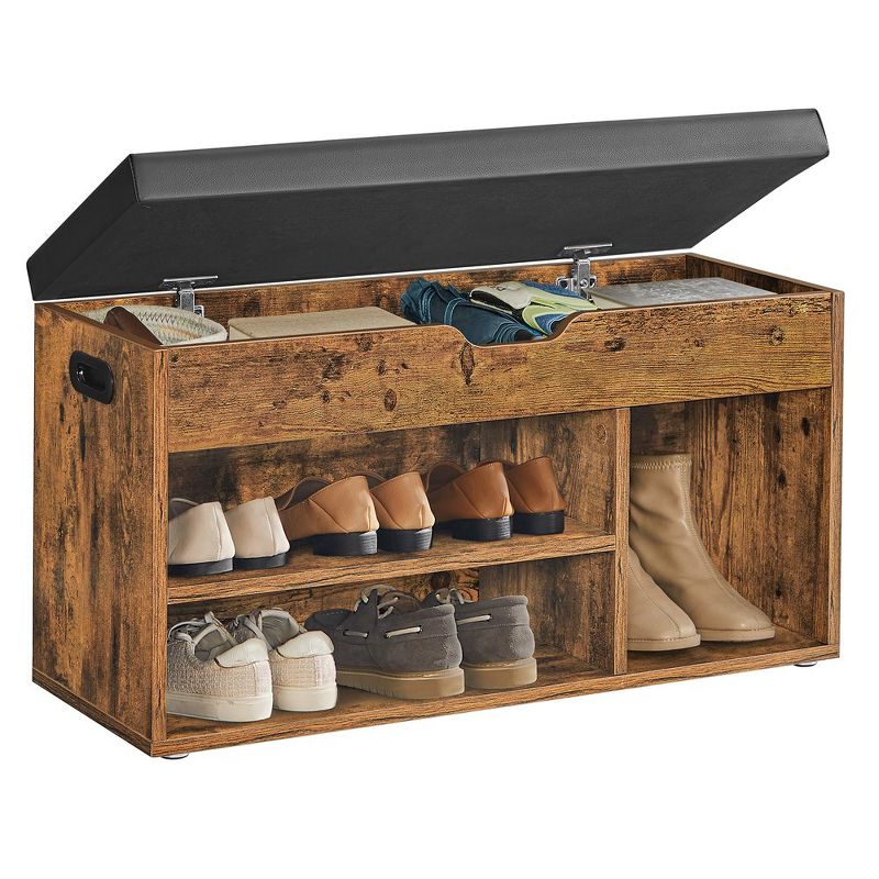 VASAGLE Rustic Brown and Black Storage Bench with Cushion - Shoe Bench with Hidden Storage and Padded Seat, 3 Compartments, 2 of 7