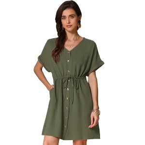 INSPIRE CHIC Women's Button Down A-Line Drawstring Waist Casual Dress - 1 of 4