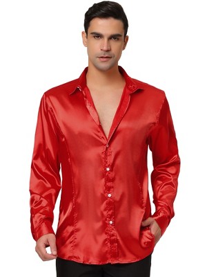 Lars Amadeus Men's Satin Long Sleeves Button Down Prom Party Dress Shirts  Medium Red : Target