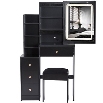 Dolonm 29.2" Small Size Left Bedside Cabinet Vanity Table + Cushioned Stool, Large Sliding, Touch Control, Brightness Adjust LED Mirror