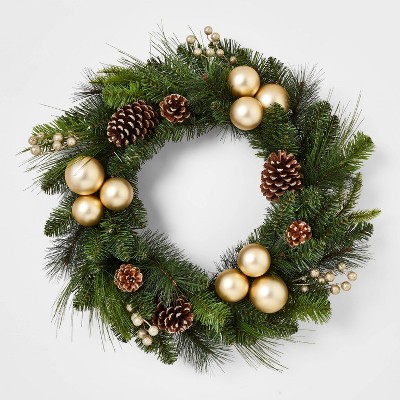 28in Artificial Christmas Wreath Champagne Clustered Shatterproof Ornaments with Pinecones and Gold Berries - Wondershop™