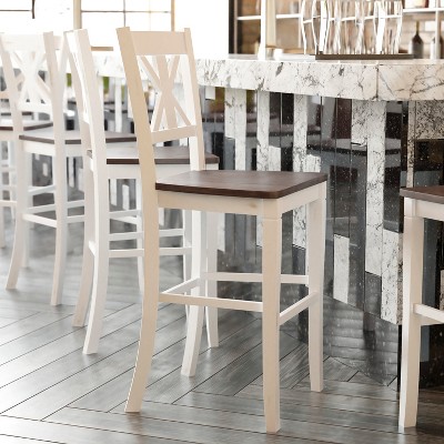 Set of 2 White and Dark Brown Solid Wood Barstools with Footrest