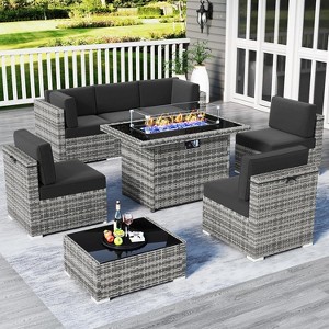 LayinSun 8 Piece Patio Furniture Set with 44" Propane Gas Fire Pit Table, Outdoor Sectional Conversation Set Wicker Rattan Sofa Set - 1 of 4