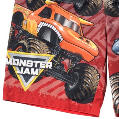Monster Jam Little Boys' Allover Print Elastic Waist Drawstring Board Shorts Black Red Tread 4 — фото 4