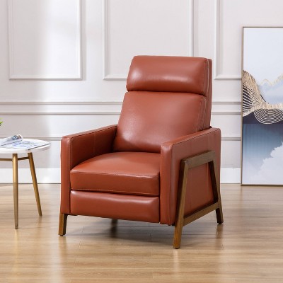 Modern Caramel Leather and Wood Push Back Recliner
