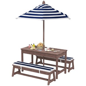 Qaba Kids Picnic Table, Outdoor Wooden Table & Bench Set with Cushions and Umbrella, for Patio, Garden, Navy Blue - 1 of 4
