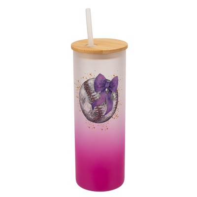 Elanze Designs 25 Ounce Frosted Glass Gradient Travel Tumbler With Straw and Wooden Lid, Baseball With Purple Bow Pink