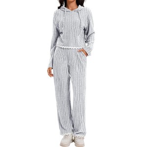 ATHLECHIC Women's Outfits Ribbed Sweater Hoodie Wide Leg Pants Tracksuit Casual Lounge 2 Pieces Set - 1 of 4