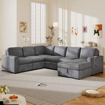 U-Shaped Modular Sofa with Storage Lounge Chair, 6-Seater Oversized Sofa with USB Interface - ModernLuxe