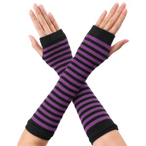 Allegra K Women's Stripe Print Knitted Fingerless Elbow Length Gloves Warmers One Size 1 Pair - 1 of 4