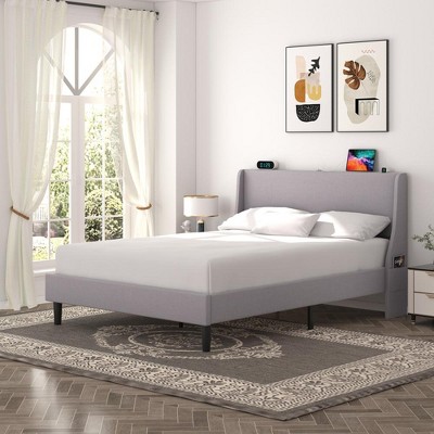 VECELO Upholstered Full/Queen Size Bed Frame with Headboard & Wingback, Platform Bed with USB & Type-C Ports