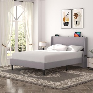 VECELO Upholstered Full/Queen Size Bed Frame with Headboard & Wingback, Platform Bed with USB & Type-C Ports - 1 of 4