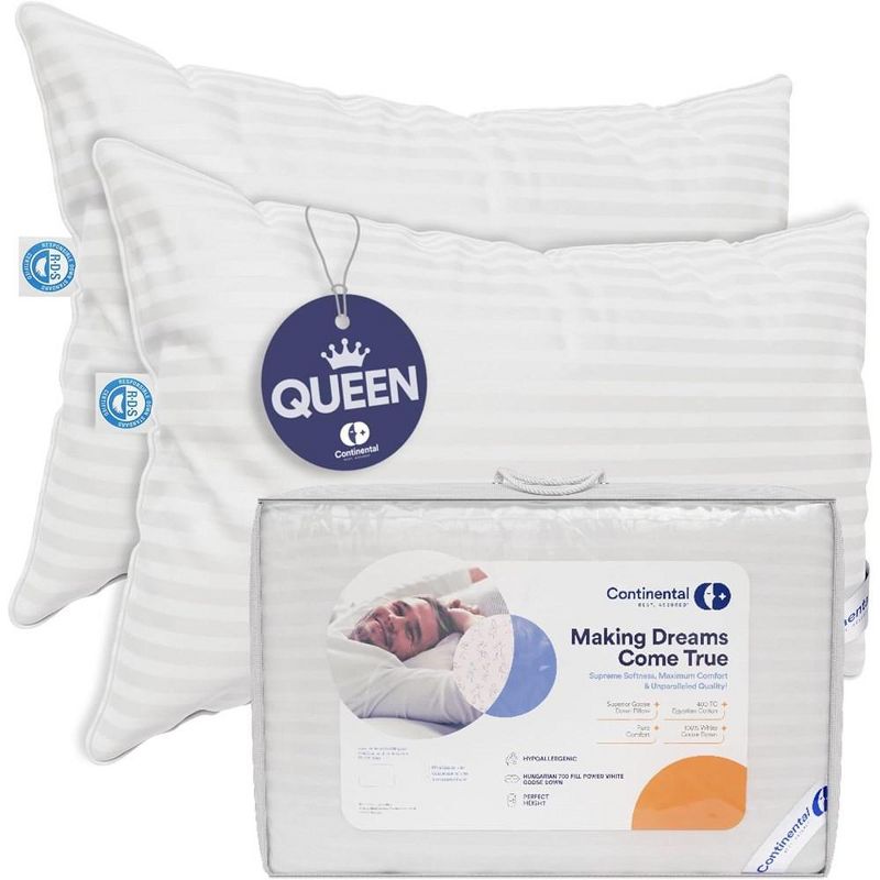 Continental Bedding Soft 700 Fill Power Goose Down Pillow Size Set of 2, 3 of 6