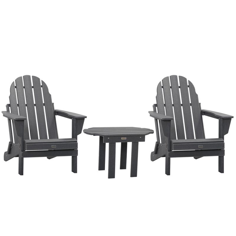 Outsunny 3 Piece Adirondack Chair Set of 2, HDPE Folding Fire Pit Chairs and Patio Table, Outdoor Furniture with Slatted Seat, Dark Gray, 4 of 7