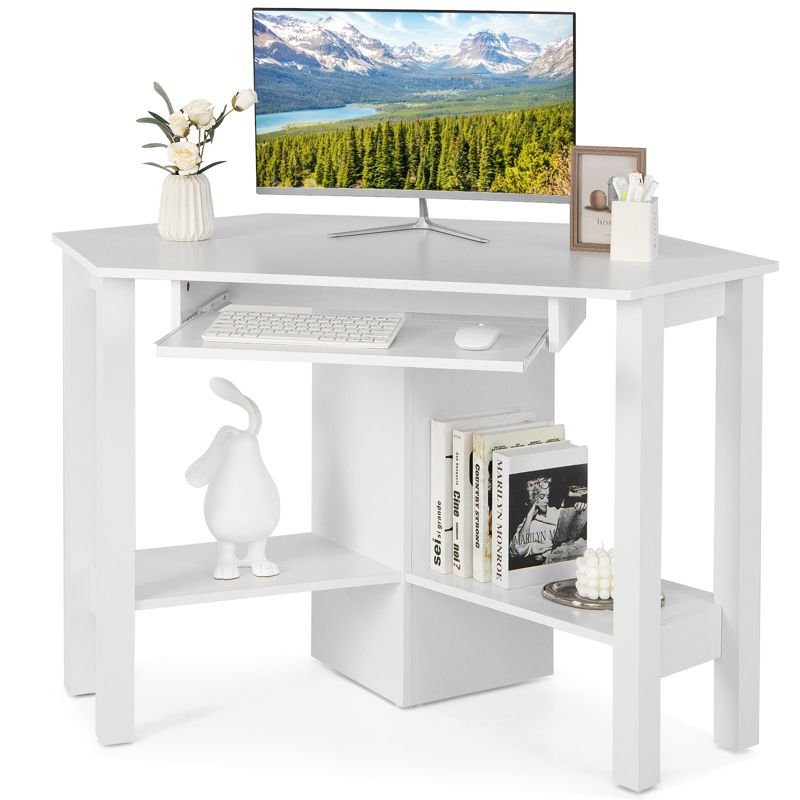 Costway Wooden Corner Desk With Drawer Computer PC Table Study Office Room White, 1 of 11
