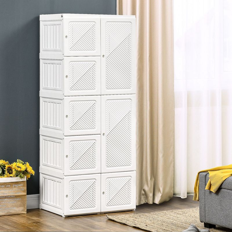 HOMCOM Portable Wardrobe Closet, Folding Bedroom Armoire, Clothes Storage Organizer with Cube Compartments, Hanging Rod, Magnet Doors, White, 3 of 7