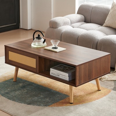 Rattan Coffee table, sliding door for storage, solid wood legs