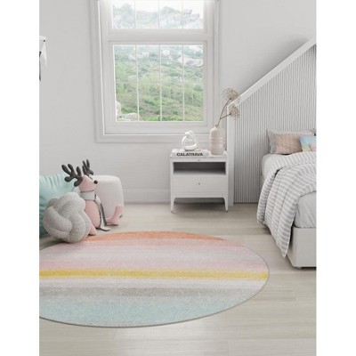 Whimsy Kids Round Ivory and Multi-Color Synthetic Rug
