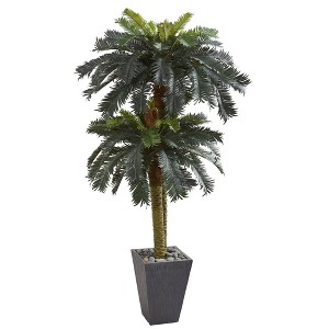 Nearly Natural 6’ Double Sago Palm Artificial Tree Slate Finished Planter - 1 of 1