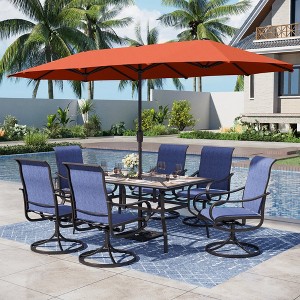 Captiva Designs 8pc Outdoor Wood-look Rectangle Steel Dining Table & Sling Swivel Chairs & Market Umbrella - 1 of 4