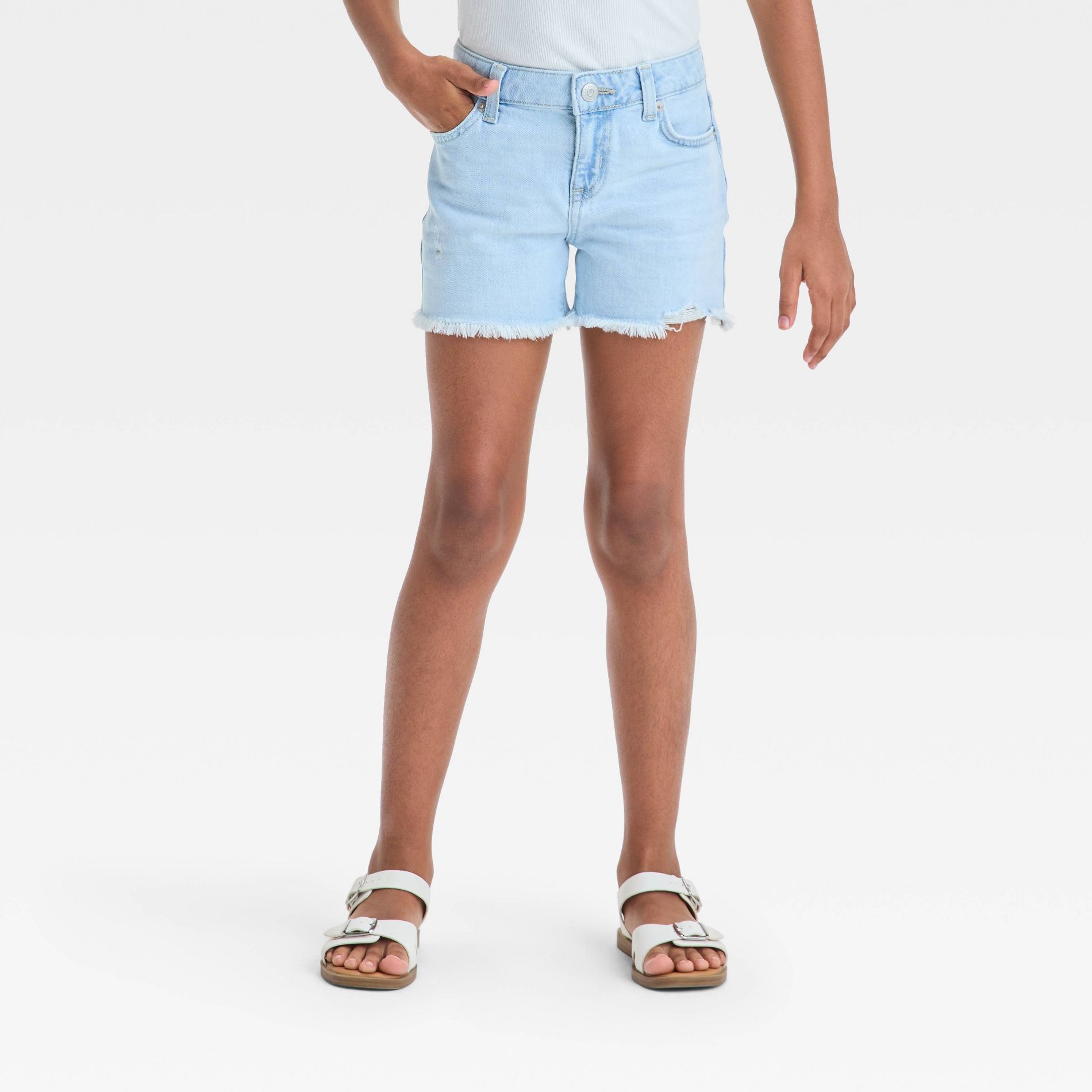 Girls' Mid-Rise Cutoff Jean Shorts - Cat & Jack™ Blue Light Wash S: Adjustable Waistband, Stretch Denim