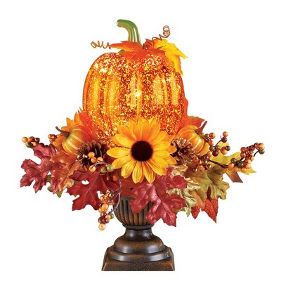 Collections Etc Lighted Pumpkin Harvest Floral Arrangement 8 X 8 X 14 Orange