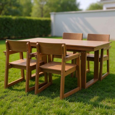 Modern 5 PCS Outdoor Dining Set, Rectangular Dining Table with Umbrella Hole, Dining Armrest Chair with Eco-Friendl HDPE Frame-Coolbibila