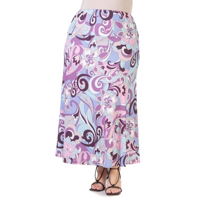 24seven Comfort Apparel Lilac Floral Elastic Waistband Plus Size Maxi Skirt