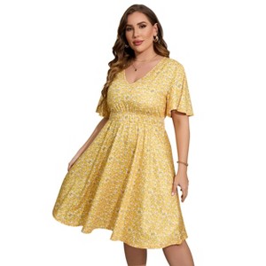 Women's Plus Size Boho Floral V Neck Ruffle Short Sleeve Dress Elastic High Waist A Line Dress - 1 of 4