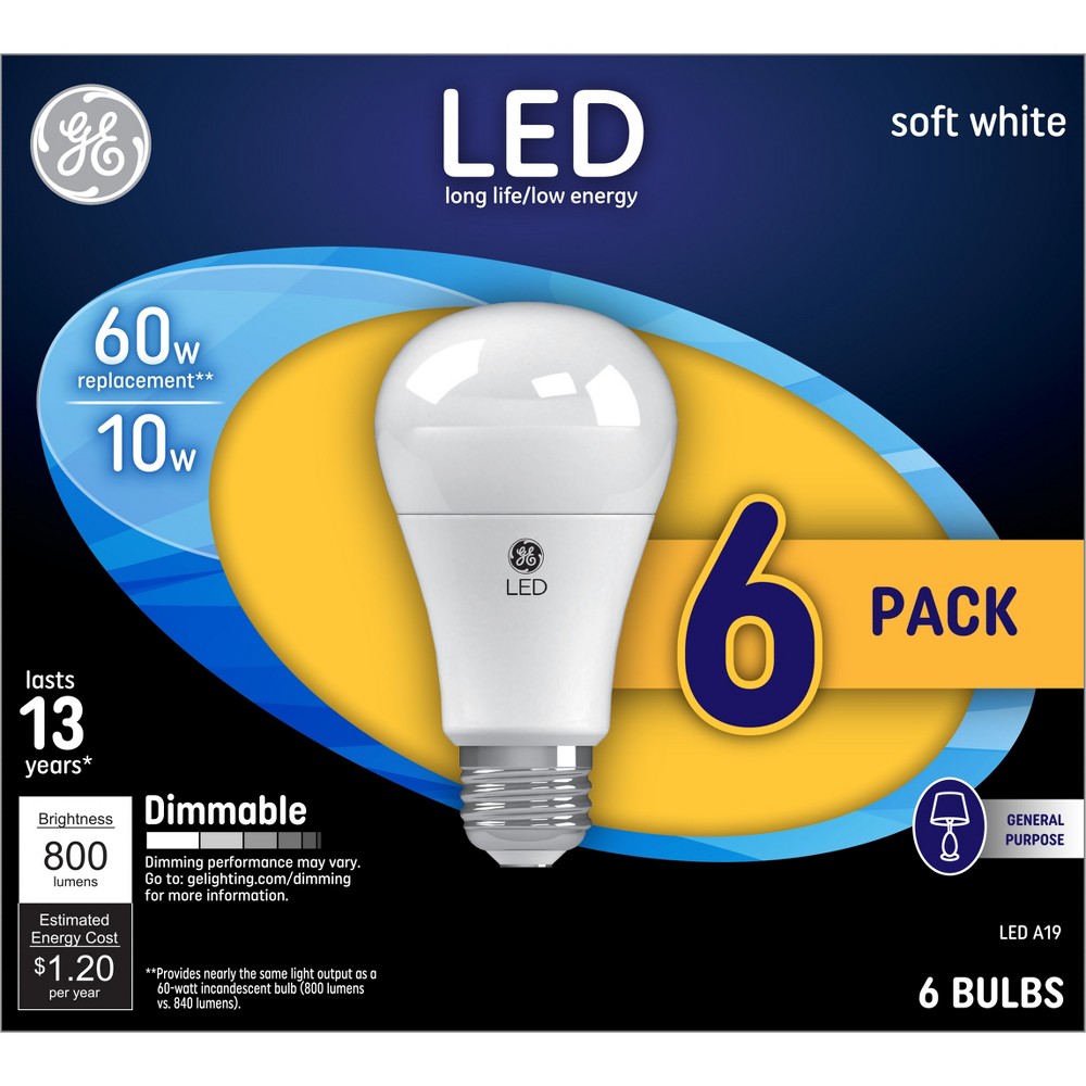 Photos - Light Bulb General Electric GE 6pk 60W Soft White A19 LED : Dimmable, Energy Star Certified, 800 Lumens, E26 Base, 2700K, 13.7-Year Life 