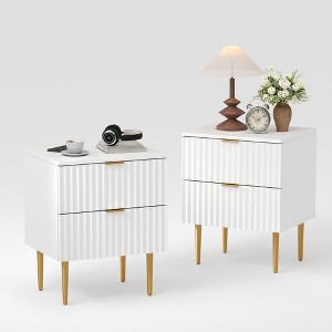 Modern Fluted Nightstand with Charging Station & 2 Drawers, Gold & Wood Bedside Table with USB Ports & Outlets, Small Side Table - 1 of 4