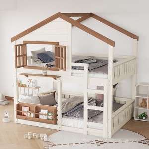 KWPZQEB Solid Wood Bunk Bed, House Shaped Bunk Bed with Safety Fencing and Bookshelf, House Bunkbeds for Kids - 1 of 4