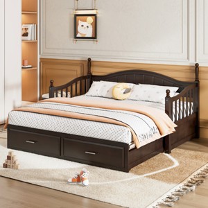 KTMBDW Wooden Daybed with Twin Size Trundle and 2 Storage Drawers, Mattress Foundation with Steel Slat Support, Easy Assembly, Twin - 1 of 4