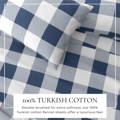 Queen Navy Buffalo Check Cotton Flannel Sheet Set