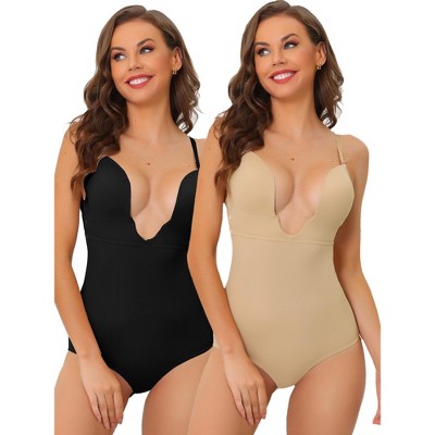 Allegra K Women's U Plunge Leotard Waist Adjustable Straps Built-in Bodysuits 2 Pcs
