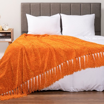 Orange Chenille Knitted Throw Blanket with Tassel Fringe