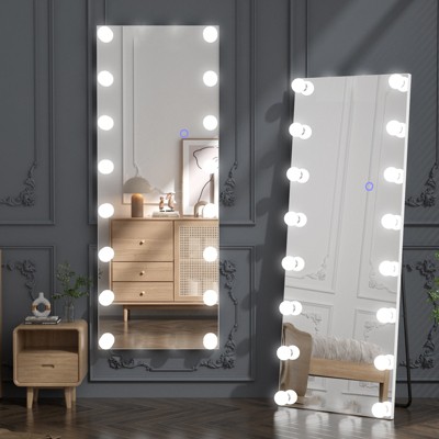 63" x 20" Light Bulb Floor Mirror with Aluminum Frame, 3 Color LED Lights, Standing Lighted Mirror